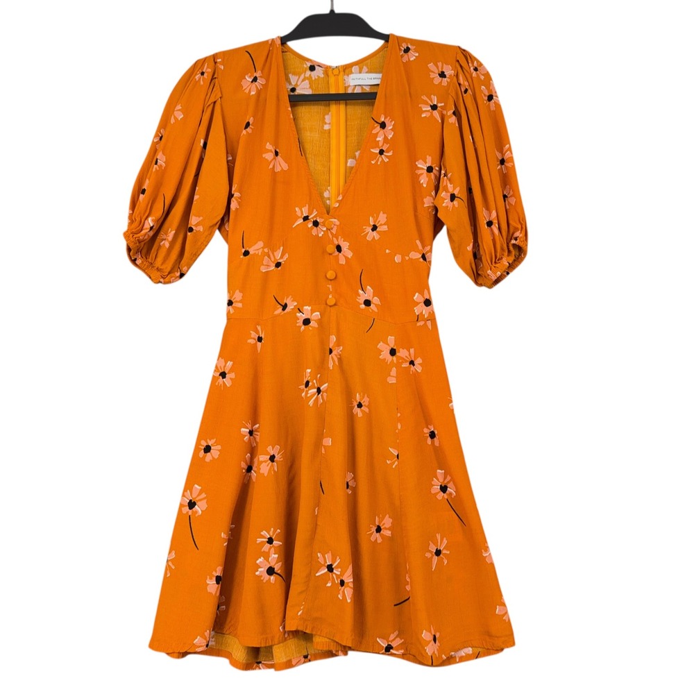 Faithfull The Brand Orange‎ Floral Puff Sleeve Mini Dress Women Size S USA 4